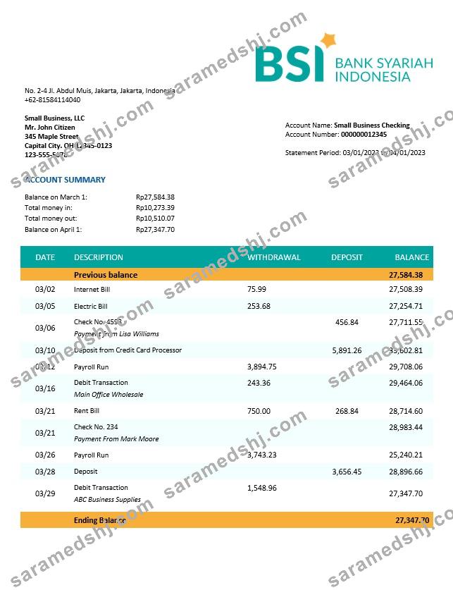 BANK Syariah Indonesia organization checking account statement Word and PDF template